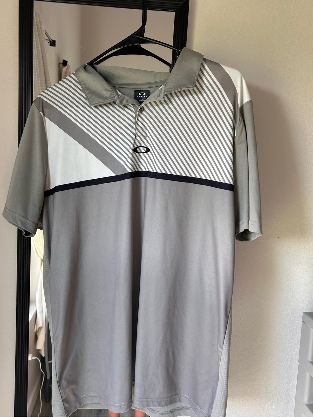 Oakley Gray and White Striped Men’s Performance Polo